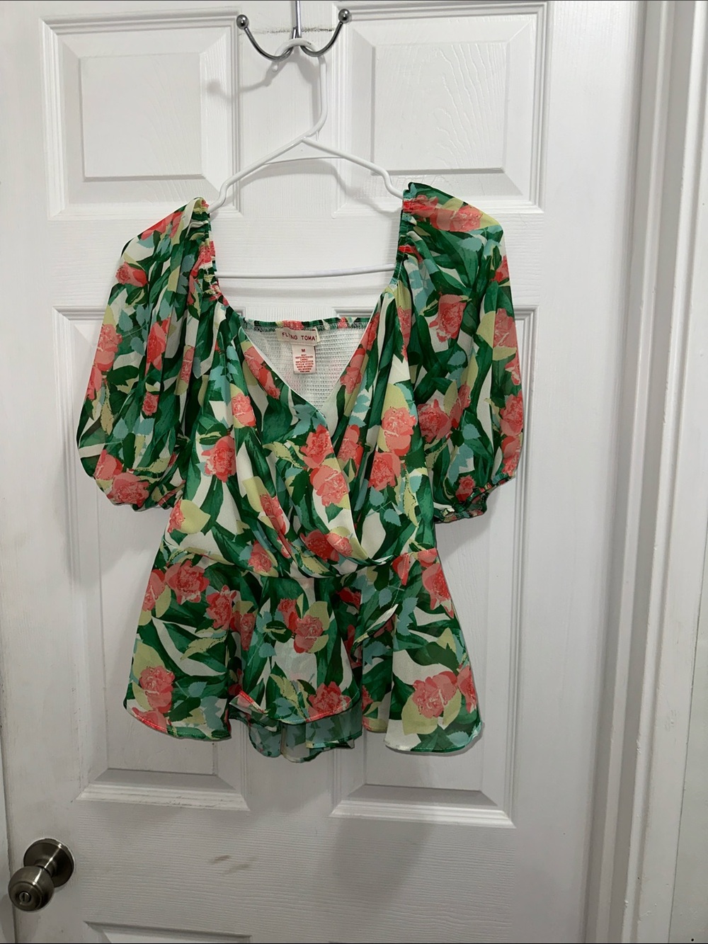Flying Tomato Floral Wrap Peplum Blouse - Green & Pink